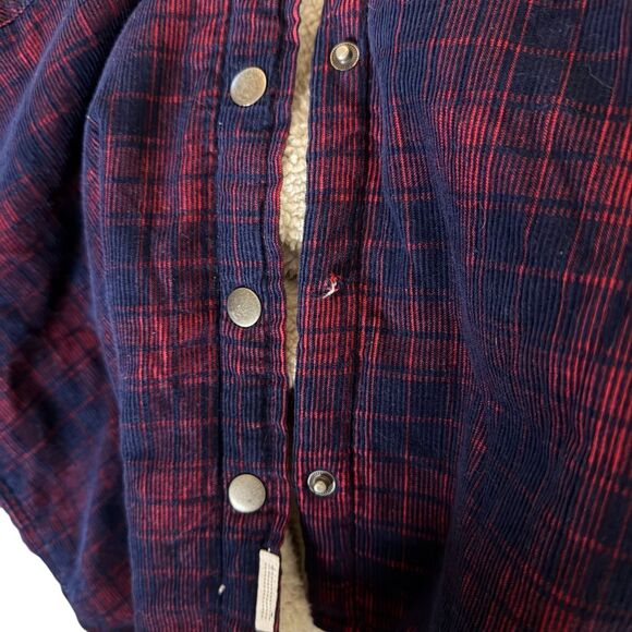 Soho Threads Corduroy Jacket Sherpa Fleece Hooded Plaid Blue Red M bv - Picture 14 of 15